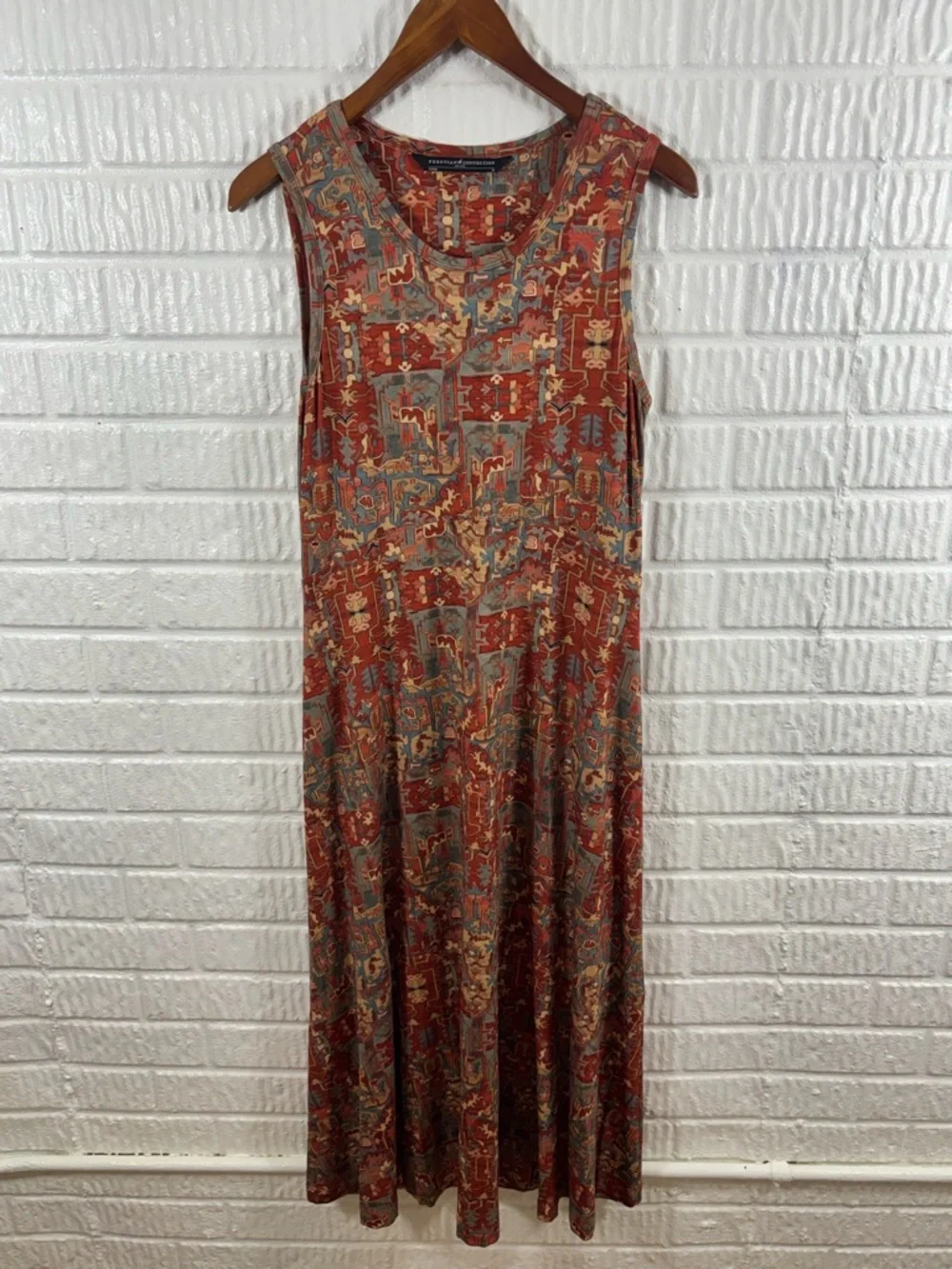 Peruvian Connection Floral Maxi Dress Blue Pima Cotton Stretch Sleeveless Medium